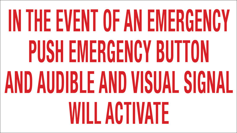 camden cm se21a – english, solid white sign, ‘in the event of an emergency push emergency button and audible and visual signal will activate’