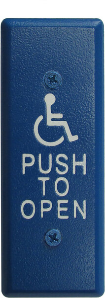camden cm 26cb – narrow blue push plate switch, white graphics, exposed screws.