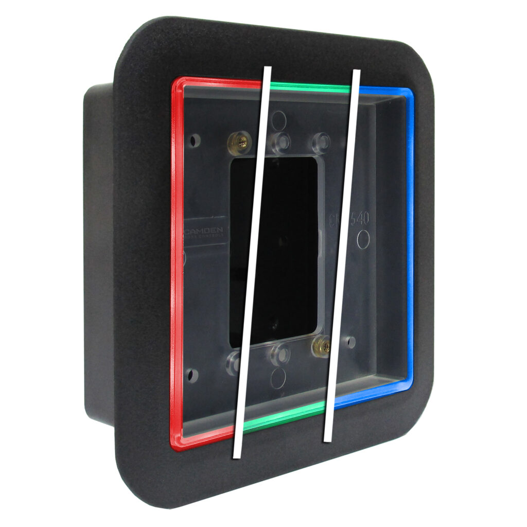 camden cm 55i – flush, 4 1/2″ square, red/green/blue, c/w sounder, mount box