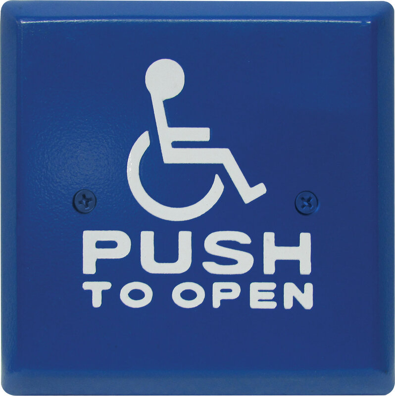 camden cm 46cb/4 – 4 1/2″ square blue plate, wheelchair+push to open graphic